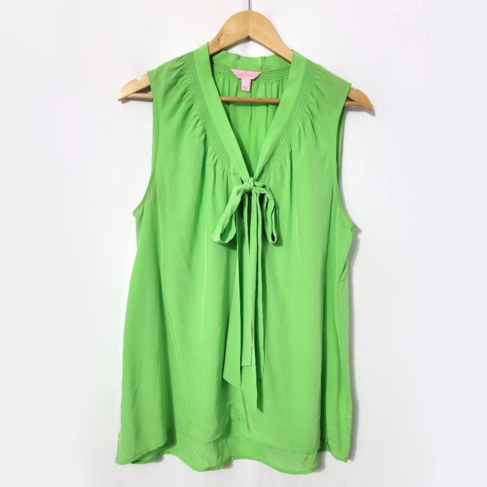Lilly Pulitzer Womens Silk Sleeveless Dahlia Blouse Size L Green Tie Neck Preppy